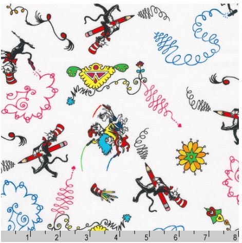 Dr Seuss Express Yourself Characters & Scribbles on White  from Robert Kaufman - 100% Cotton