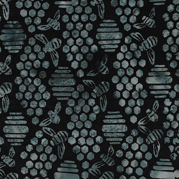 BATIK FABRIC - Bee Honeycomb in Black Shadow from Beehive Buzz Collection by Island Batiks BY THE YARD