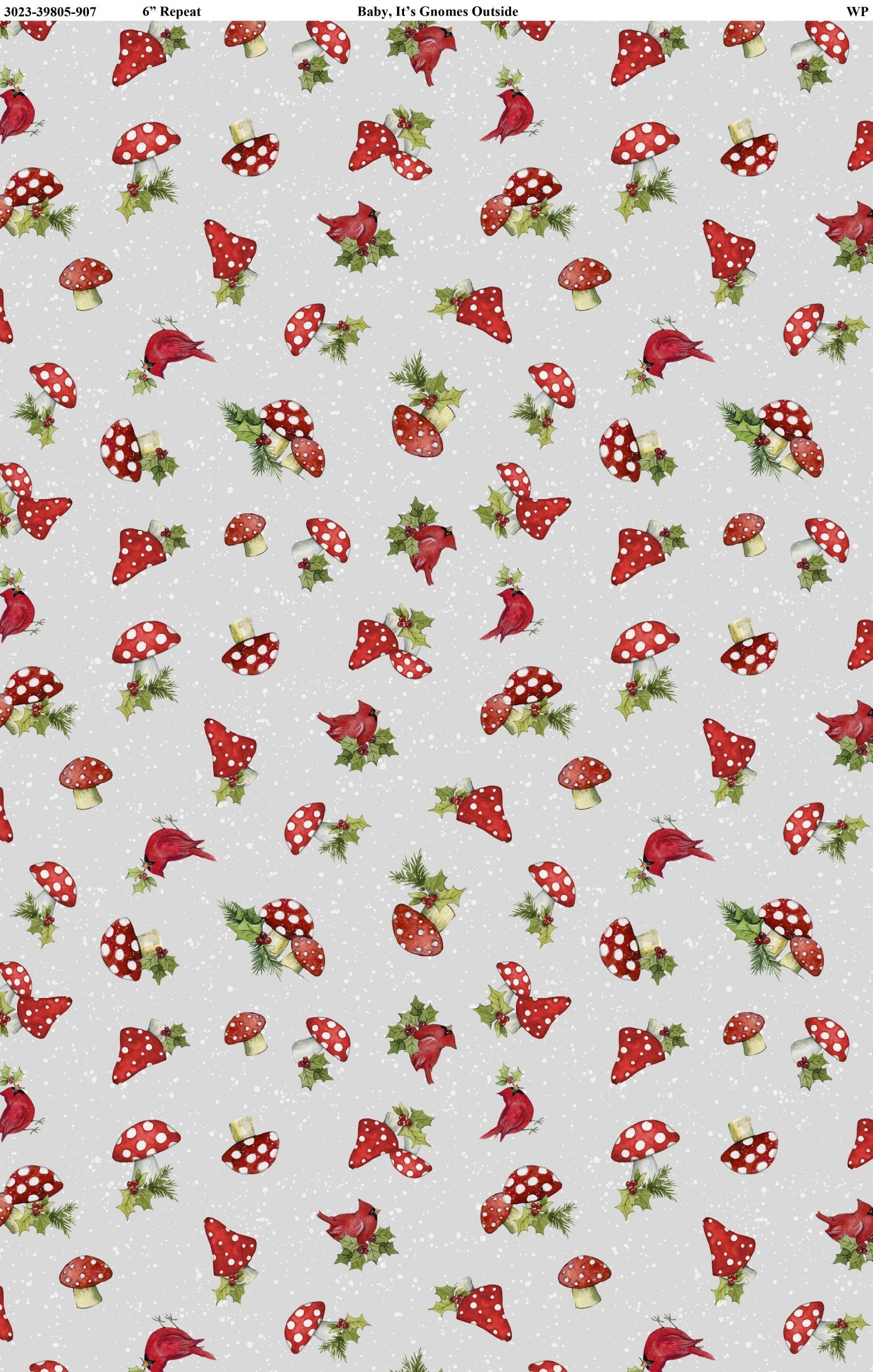 Christmas Cardinal and Mushroom Toss on Gray from the Baby, It's Gnomes Outside Collection from Wilmington Prints - 100% Cotton
