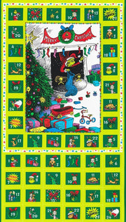 Panel - Lime Green Grinch Advent Calendar Panel from How The Grinch Stole Christmas by Dr. Seuss - Approx 2/3 Yard - 100% Cotton