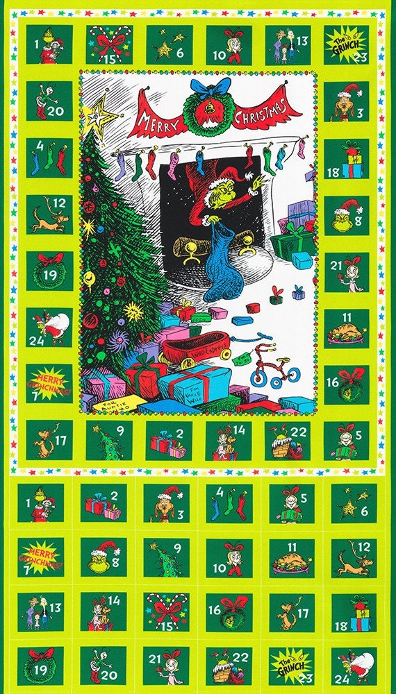Panel - Lime Green Grinch Advent Calendar Panel from How The Grinch Stole Christmas by Dr. Seuss - Approx 2/3 Yard - 100% Cotton