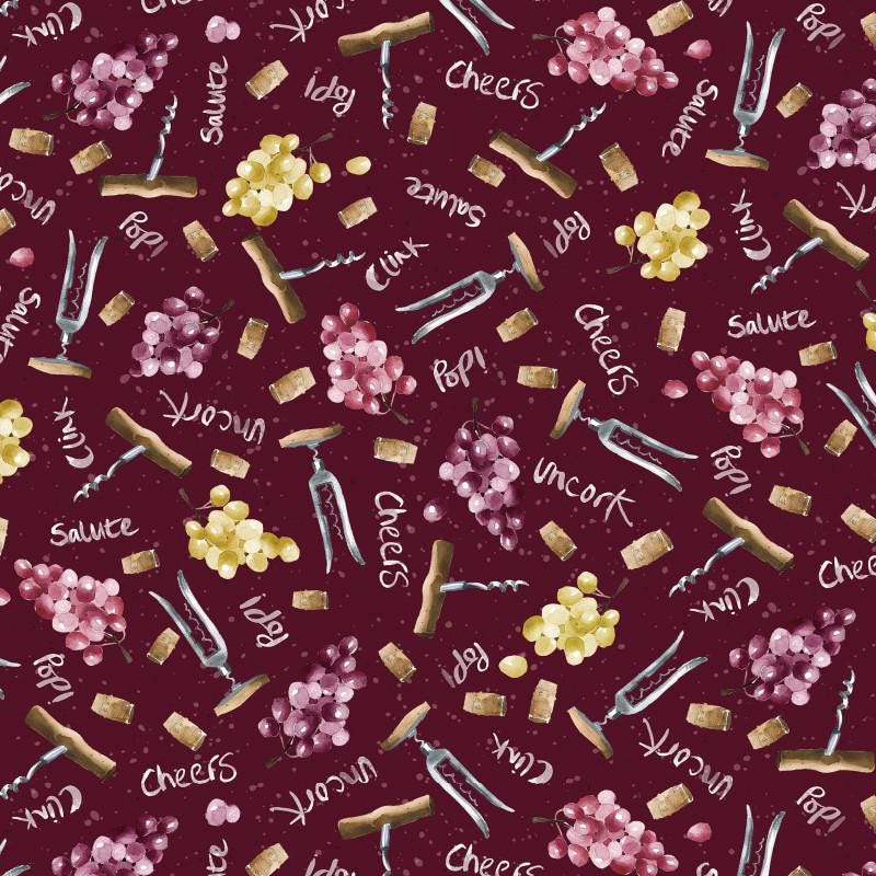Corkscrew Toss in Dark Wine from the Pop The Cork! Collection by Mercedes Lopez Charro for P&B Textiles - 100% Cotton Fabric BY THE YARD