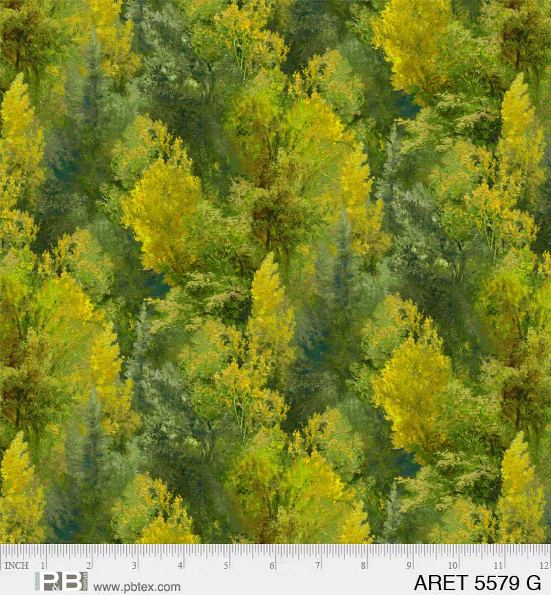 Autumn Trees in Green from the Autumn Retreat Collection by Abraham Hunter for P&B Textiles - 100% Cotton