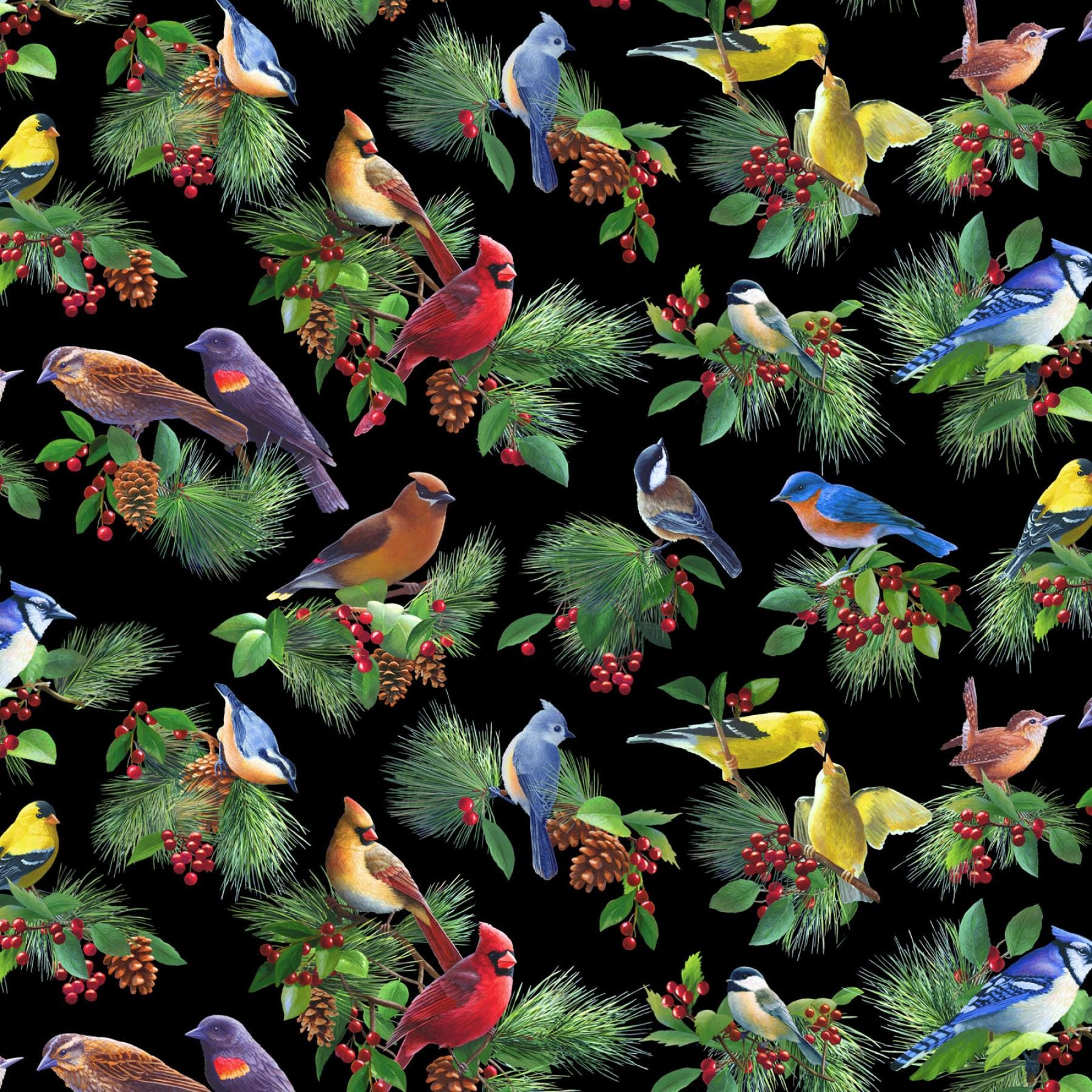 Bird Toss in Black from the Birds & Berries Collection from Elizabeth's Studio BY THE YARD - 100% Cotton