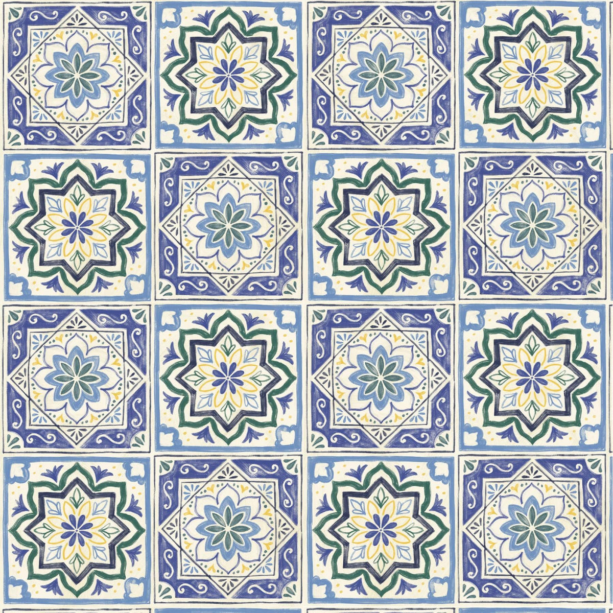Decorative Tiles in Blue from the Cyprus Collection by Janelle Penner for P&B Textiles - 100% Cotton