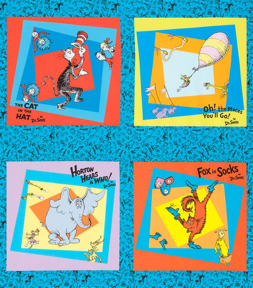Dr. Seuss Book Blocks PANEL in Blue from the Celebrate Seuss! Collection by Robert Kaufman - 100% Cotton