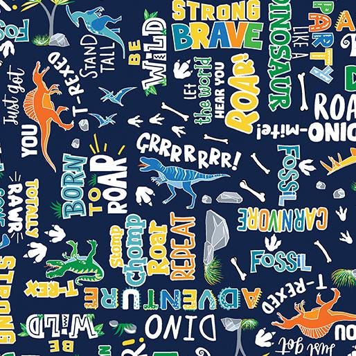 Dino Words in Navy from the Glow-O-Saurus Collection by Kanvas Studios for Benartex Fabrics - 100% Cotton