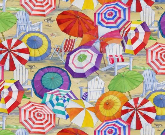 Beach Umbrellas in Sand from the Beach Vista Collection by Paul Brent for Elizabeth's Studio BY THE YARD