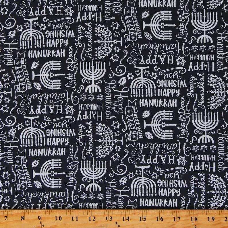 Menorah Hanukkah Text in Navy from the Happy Hanukkah Collection by Gail Cadden for Timeless Treasures BY THE YARD - 100% Cotton
