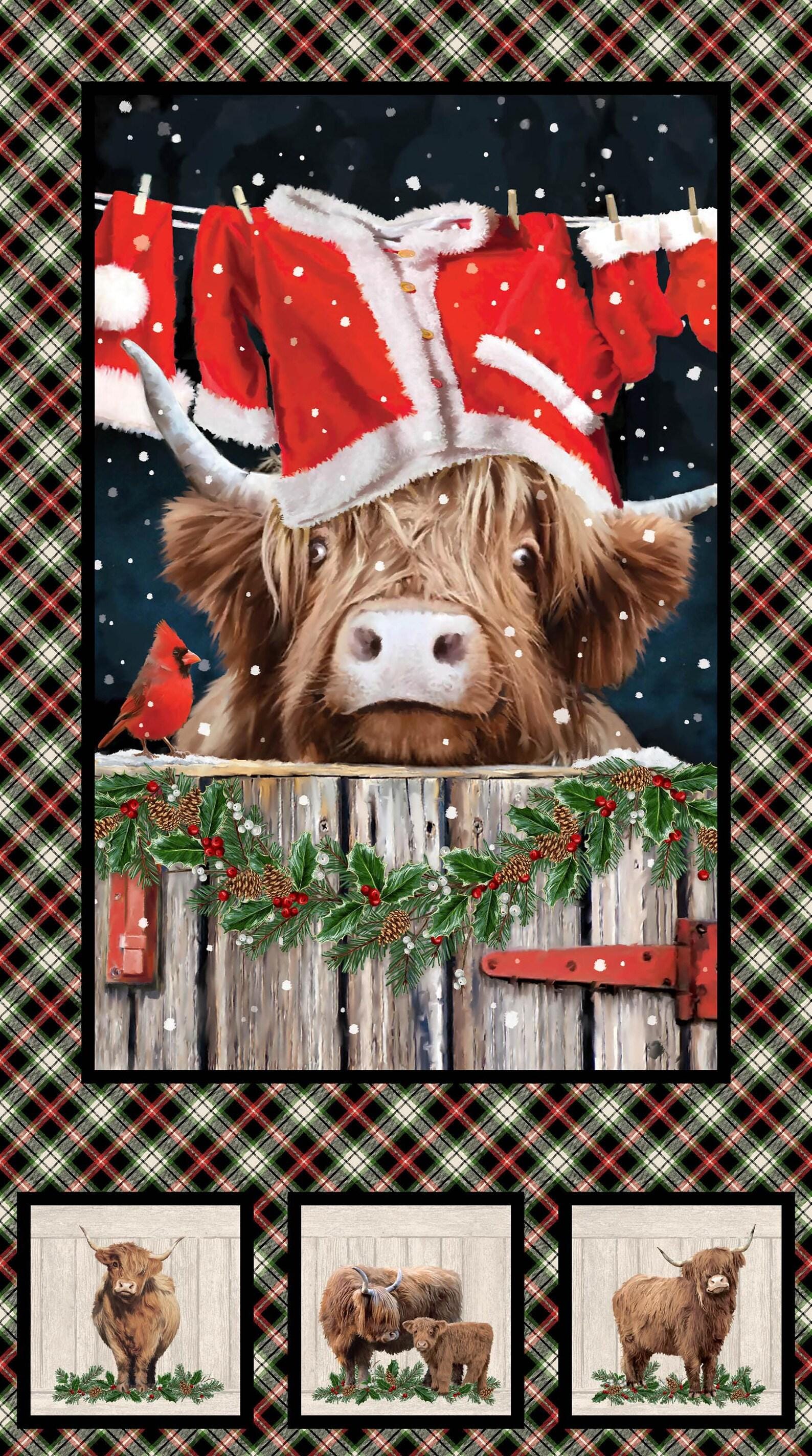 Christmas Cow Panel in Multi from the Highland Heart Collection by Jason Kirk for Northcott Fabrics - 100% Cotton 24" x 43"