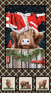 Christmas Cow Panel in Multi from the Highland Heart Collection by Jason Kirk for Northcott Fabrics - 100% Cotton 24" x 43"