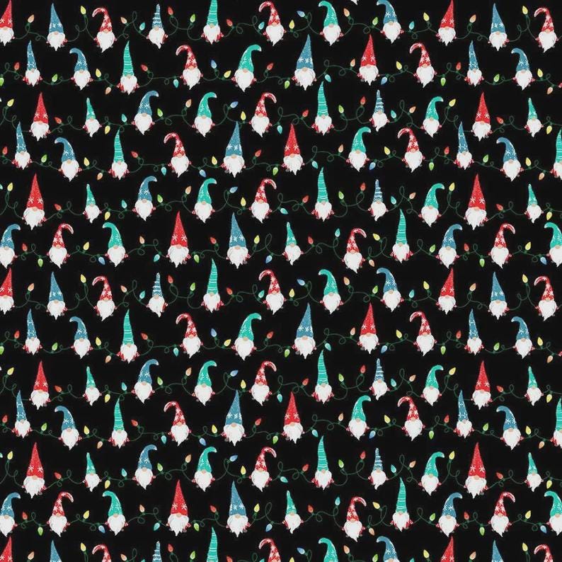 Gnome String Lights on Black from Timeless Treasures Fabrics - 100% Cotton