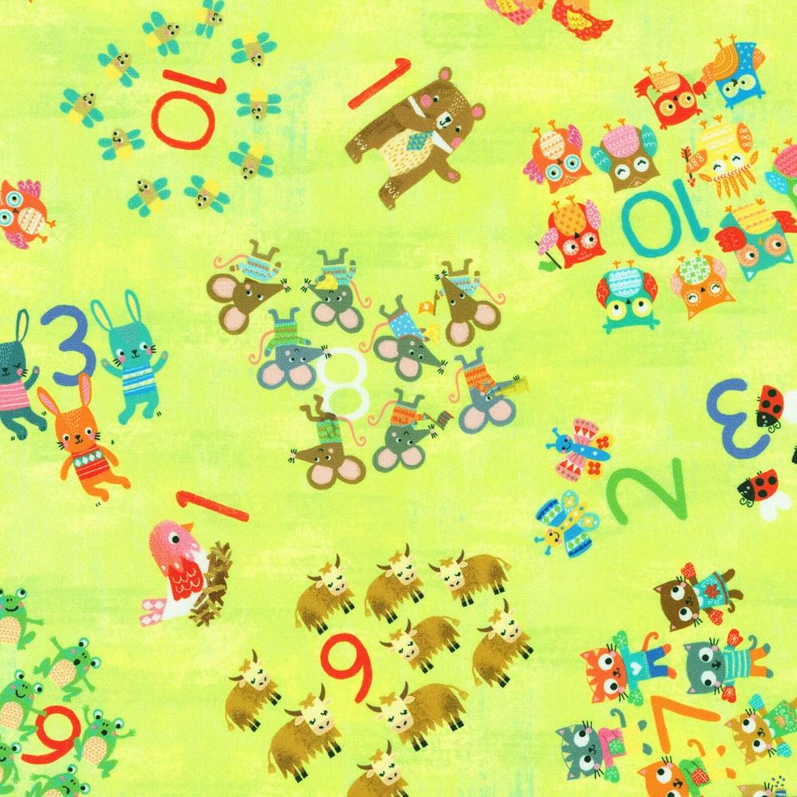 Animal Numbers in Lime from the Fun-2-3 Collection by Louise Anglicas for Robert Kaufman Fabrics BY THE YARD - 100% Combed Cotton