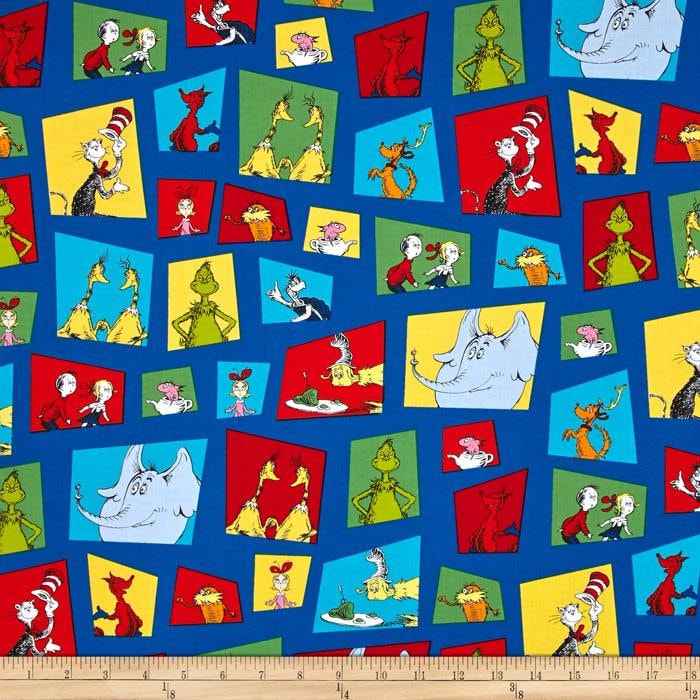 Dr. Seuss Character Blocks on Blue From Robert Kaufman's Celebrate Seuss 4 Collection