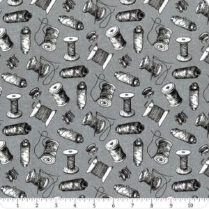 Sewing Is My Happy Place in Spools Grey From Northcott Fabrics