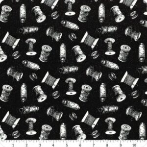 Sewing Is My Happy Place in Spools Black From Northcott Fabrics